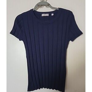 NWOT Evolution Trend Navy Ribbed Knit Short Sleeve Top Slim Fit-Stretchy Size S